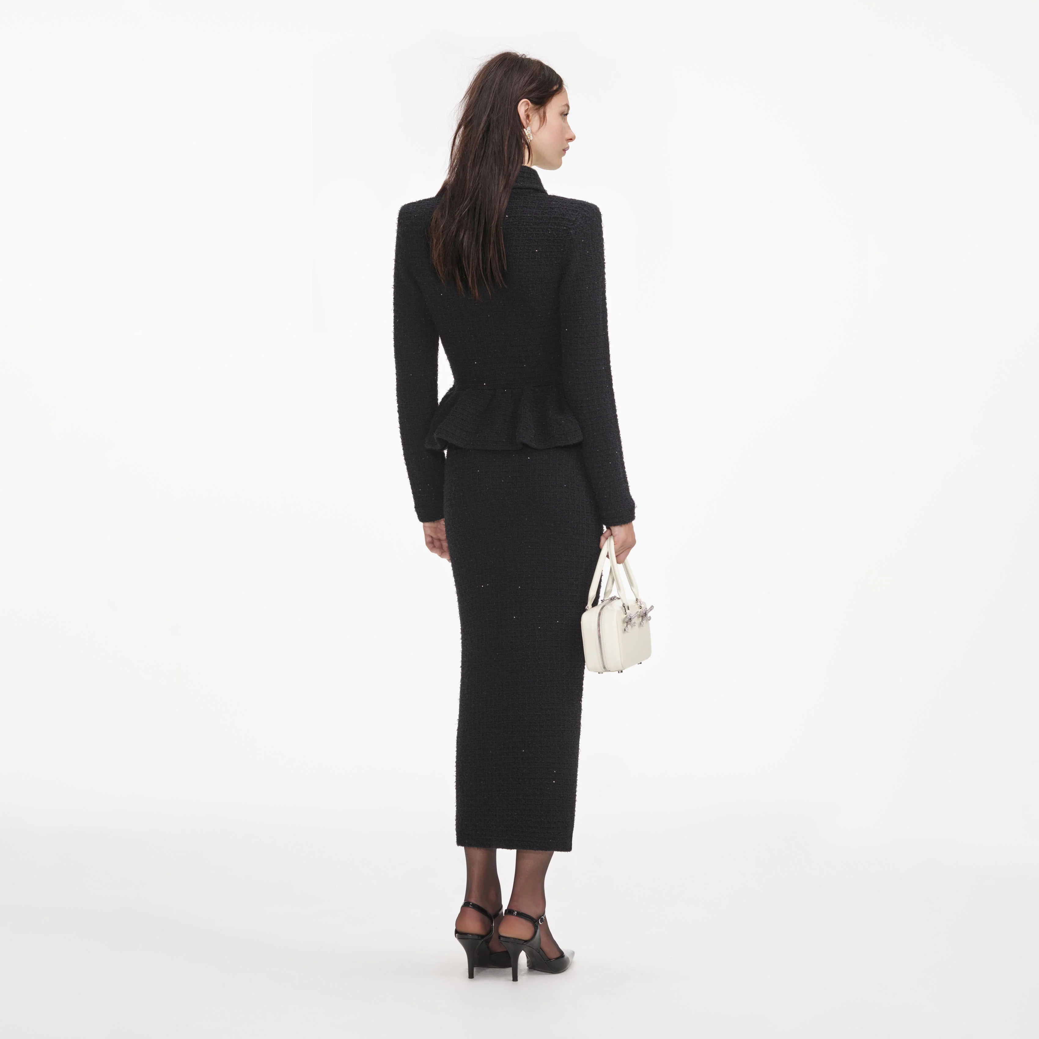 Black Textured Knit Peplum Midi Dress - Image 3