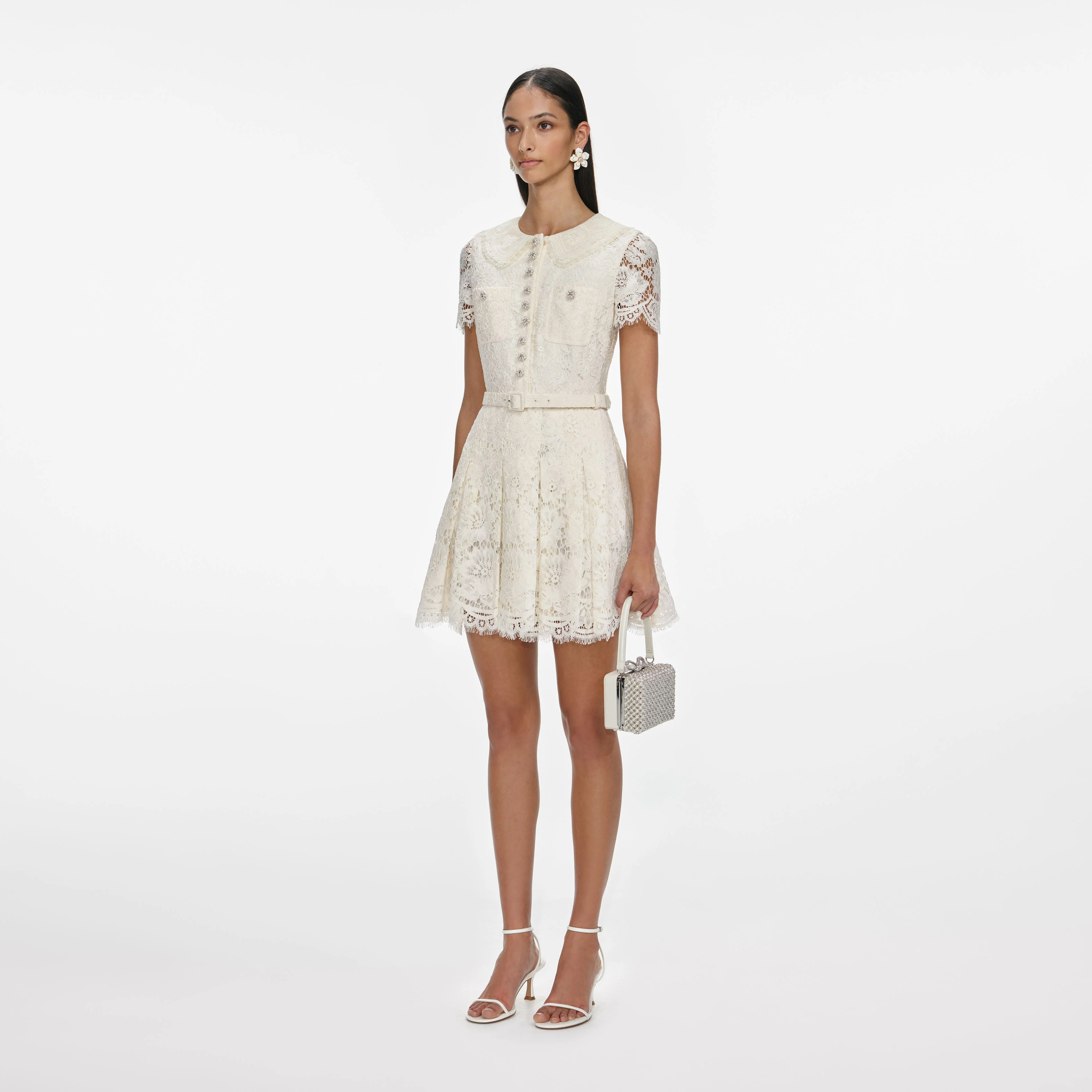 Cream Floral Lace Mini Dress - Image 2