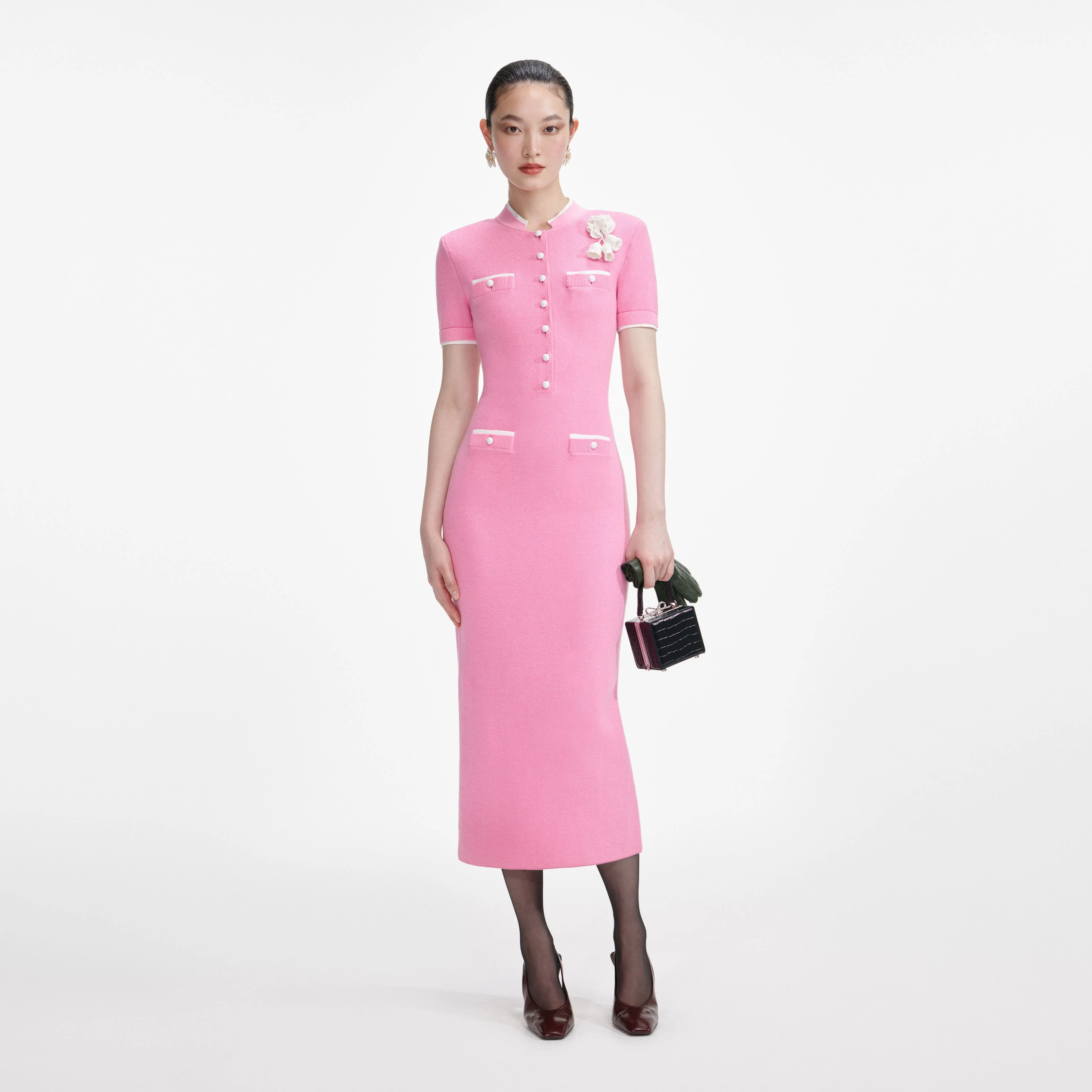 Pink Crochet Flower Knit Midi Dress