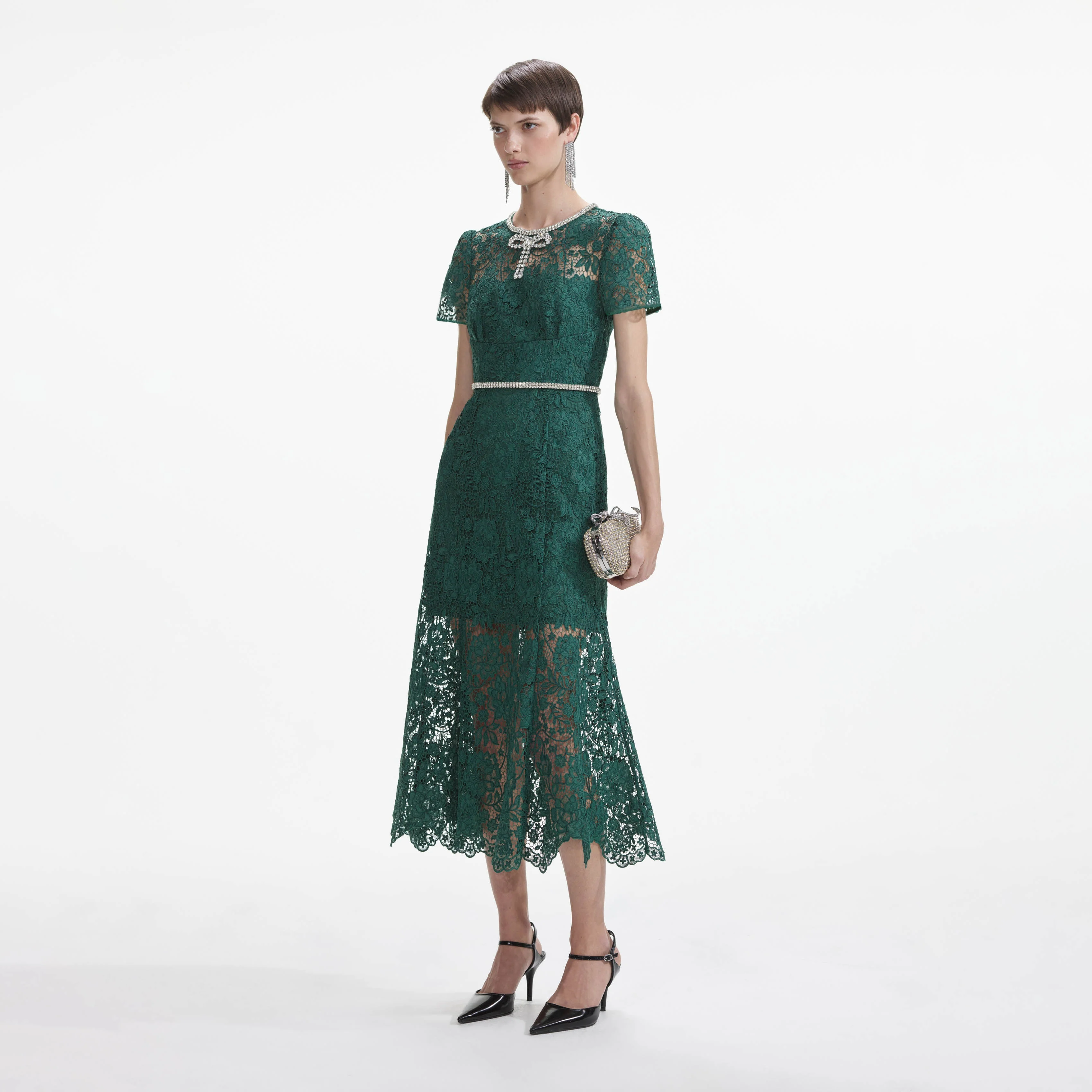 Green Lace Diamante Bow Midi Dress - Image 2