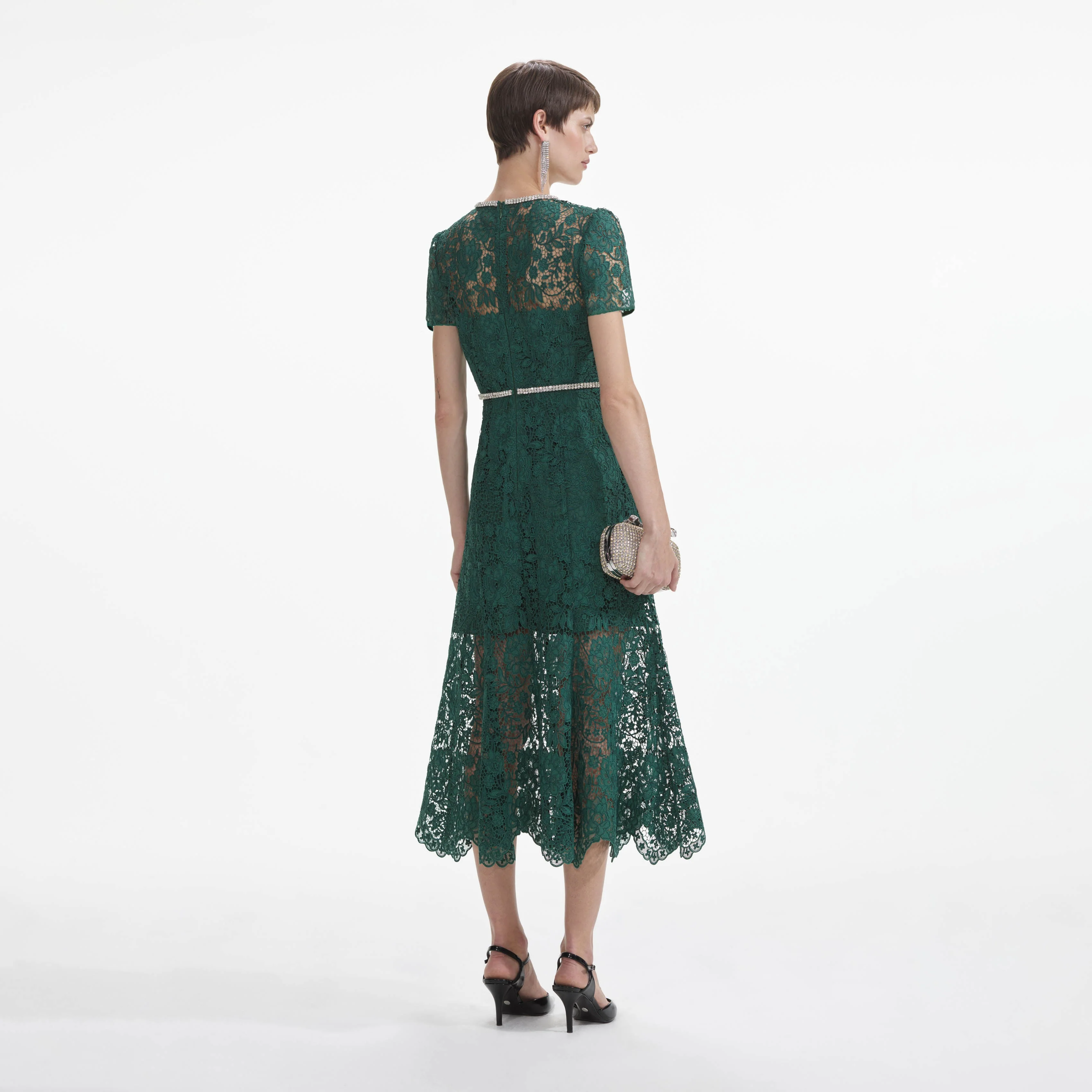 Green Lace Diamante Bow Midi Dress - Image 3