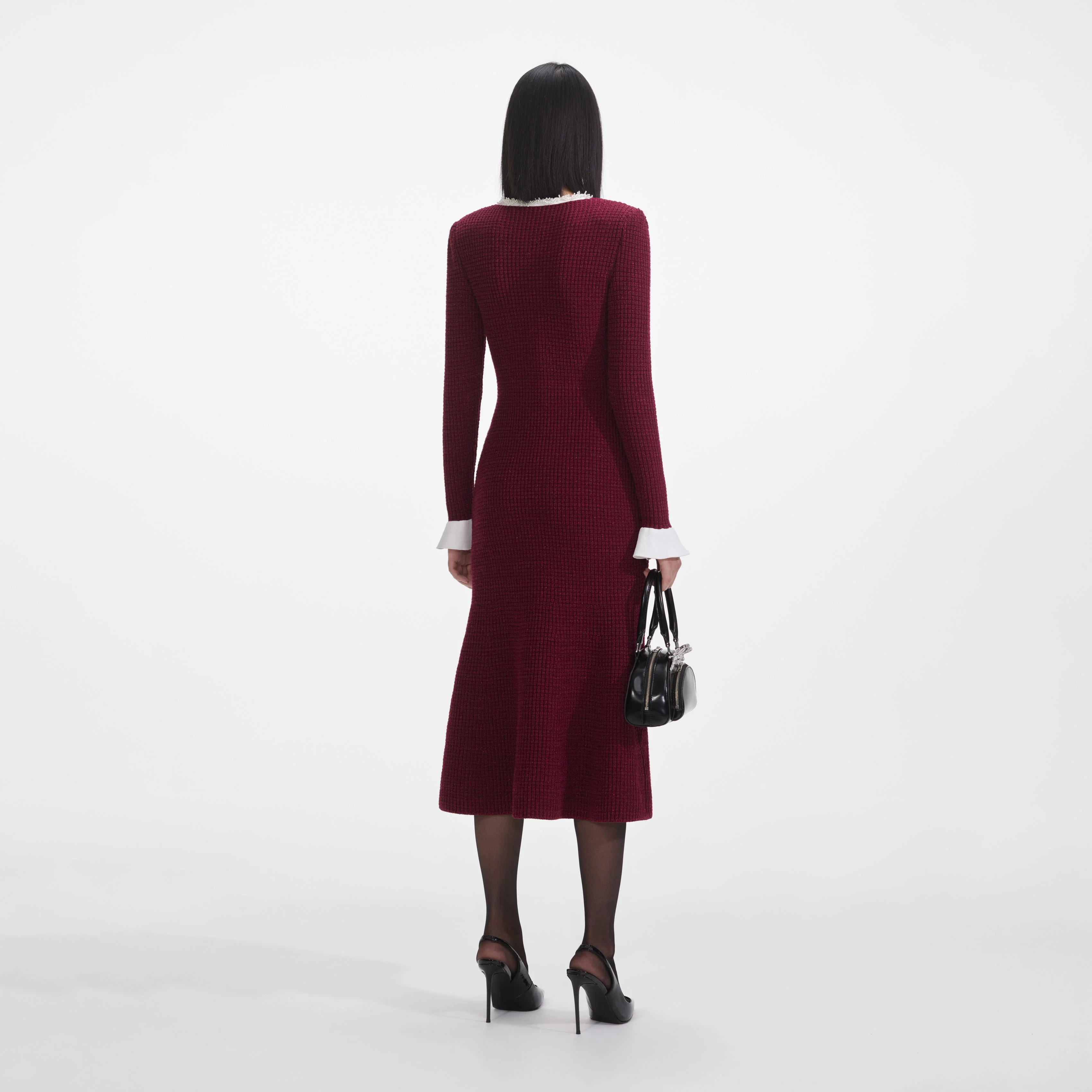 Burgundy Pearl Trim Knit Midi Dress - Image 3